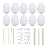 Funyole Ostereier zum Aufhängen, 50PCS Ostereier Plastik Weiß + 50 Aufhänger + 50 Bunte Seidenbänder + 10 Dekorative Holzstäbchen, Ostern Basteln Bemalen für Dekoration und Geschenk