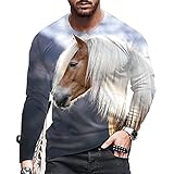 T-Shirt Herren Rundhals Frühling Herbst Interessant 3D Pferd Druck Herren Longsleeve Shirt Slim Fit Stretch Street Sport Style Casual All-Match Herren Base Shirt T-M29 4XL