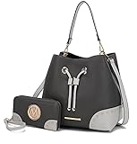 MKF Crossbody Bucket Hobo Bag für Damen Handtasche & Wristlet Wallet Wallet Set - PU Leder Top Handle Schultergurt, Candice Anthrazit-Hellgrau, Larg