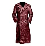 Vintage PU Leder Jacke Herren Winter Knöpfe Lange Trench,Business Oberbekleidung Offizier Mantel, rot, XXXL