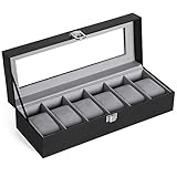 SONGMICS Uhrenbox 6 Uhren, Uhrenkasten mit Glasdeckel, Uhrenkissen aus Samt, Uhrenkoffer mit Schloss, Weihnachten, 30 x 11,2 x 8 cm, PU-Bezug in Schwarz, Samtfutter in Grau JWB06B