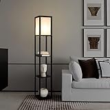Stehlampe mit Regalen - Moderne Stehleuchte mit 3 Fäche Holzregal und E27 Fassung, Max. 60W, Insgesamt 7.25KG Belastbar, 160cm Standlampe für Wohnzimmer, Schlafzimmer und Bü