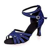 Love Shoes Modernes Latein Tanzschuhe Damen Ballroom Rutschfest Weiche Sohle Tango Tanzschuhe Glänzend Satin Quer Strap Schnalle Schuhe,Blau,40EU