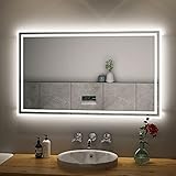 S'AFIELINA LED Badspiegel 100 × 60 cm Spiegel mit Beleuchtung Wandspiegel mit Touch-Schalter + Beschlagfrei + Uhr + Bluetooth kaltweiß Lichtspiegel 6500K IP44 Energiesp