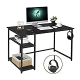 AuAg Schreibtisch Schwarz 120 x 60cm Computertisch mit Regale und Haken Bürotisch Laptop PC Tisch für Studie Arbeitstisch Hölzern Gaming Tisch Officetisch für Home Office Arbeitsplätze für Bü