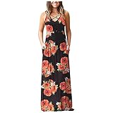 YAOGZ Pocket Sleeveless Casual Printed Long Loose Dress Summer V-Neck Women Women Dress (Black, XL)