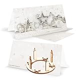 Logbuch-Verlag 3 Weihnachtsgrußkarten ohne Text beige silber mit Umschlag + Miniatur Adventskranz aus Holz - Karte mit Geschenk W