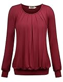 DJT Damen Langarmshirt Rundhals Falten T-Shirt Stretch Tunika Weinrot M