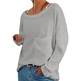 Damen Casual Lose Rundhals Langarm Top Pullover Einfache Klassische Einfarbige Wilde Top Mit Tasche T-Shirt XL