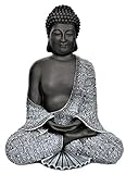 Tiefes Kunsthandwerk Buddha Figur aus Stein sitzend in Schiefer, Grau, Statue frostsicher und wetterbeständig für Garten und Balkon, handgefertigt in D