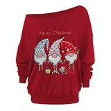 TTWOMEN Damen Langarm Trägerkragen T-Shirt Tops Weihnachtsdruck Casual Loose Fit Pullover Bluse Sw