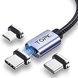 Magnetisches Ladekabel 2M, TOPK 3A Schnellladekabel mit LED Light 3 in 1 Universal Magnet USB-A zu Micro USB Typ C kabel Kompatibel mit Android-Gerät AM45