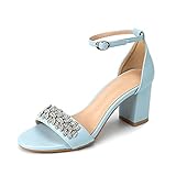 Damen Chunky Block High Heel Sandalen Open Toe Knöchelriemen Kleid Party Hochzeit Pumps mit Strass Glitzer Perle, blau, 35.5 EU