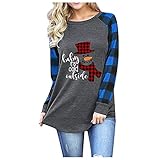 Damen-T-Shirt, kariert, Raglanärmel, langärmelig, Farbblock, lockeres T-Shirt, lässig, übergroß, Rundhalsausschnitt, Tunika, Pullover, Blau_161, X-Larg