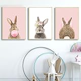 Kaninchen Blume Wandkunst Malerei Kinderzimmer Leinwand Poster Hase Kaugummi Wandbilder Rosa Wand Kunstdruck Baby Mädchen Zimmer Dekor-40x60cmx3Pcs-Kein R