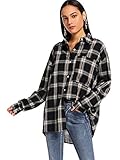 DIDK Damen Kariertes Hemd Blusen Karo Muster Overshirt mit Plaid Boyfriend Hemdbluse Karohemd Button-down Langarm Blusenshirt Freizeit Schwarz L