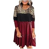 GFGHH Tunika Kleid Boho Bohemian Kleid Vintage Kleid Lose Casual Swing Kleid mit Gerafft Schmeichelhaft Damen Kleid Langarm A-Linie Kurze Mini Kleider Lose Leoparden-Nähte Swing T-Shirt Kleid Tunik