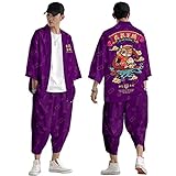 CHUIKUAJ Kimono Cardigan Haremshose Set Männer Frauen 3/4 Ärmel Jacke - Chinesischer Stil Traditioneller Tiger Jahr Cartoon Print Lose Straßenkleidung,Purple-S