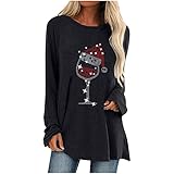 WANGTIANXUE Weihnachtspullover Damen Rotweinglas Aufdruck Longshirt Frauen Lang Weihnachtspullover Santa Claus Christmas Motiv Weihnachtsp