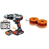 WORX WX372 Akku Schlagbohrschrauber Set mit 20V Schlagbohrschrauber, 2 Li-Ion Akkus, Schnell-Ladegerät & WA0004.1 Rasentrimmer Faden für alle 20V WORX Rasentrimmer – Ø 1,65mm, 3m Länge – 2er S