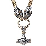 Herren Wolfskopf-Halskette, Nordic Viking Solid Gold Thor's Hammer Anhänger mit Schweren Edelstahl Wolfskopf Byzantinische Königskette Norse Amulett Geschenkschmuck,B,60