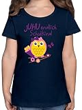Schulkind Einschulung und Schulanfang - jUHU endlich Schulkind Eule Schultüte - 128 (7/8 Jahre) - Dunkelblau - t-Shirt Schulkind mädchen - F131K - Mädchen Kinder T-S