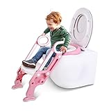 Toilettensitz Kinder mit Treppe, Stabilen Rutschfesten Breiten Pedalen und Weichem PU Kissen, Klappbar Kinder WC Sitz mit Rutschfest Leiter, HöHenverstellbar 38-42cm R