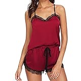 SHINEHUA Schlafanzug Damen Sexy Pyjama Set Satin Nachtwäsche Sommer Kurz Hausanzug Spitzen Cami Top und Shorts Negligee V-Ausschnitt Sleepw