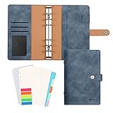 KENOBEE Kunstleder Loseblatt Notizbuch, A6 Ringbuchordner 6 Löcher Notizbuch Ordner mit 12 Stück Binderumschläge, 5 Register Nachfüllpapier, Tagebuch, Buntes Etikettenblattn, (Marineblau)