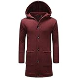 Herren Casual Herbst und Winter Kapuze Einfarbig Knopfleiste Tasche Langarm Mantel Windbreaker Casual Lange Jacke, wein, XL