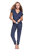 SENSIS stillvoller Baumwoll-Pyjama (Made in EU) Schlafanzug Hausanzug aus feinem T-Shirt und bequemer Hose, Gr. M (38), Dunkelblau/Weiß mit Punk