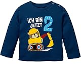 MoonWorks® Baby Langarm-Shirt erster | zweiter Geburtstag Bär Bagger Bauarbeiter Baggerfahrer Geburtstagsshirt Bio-Baumwolle Junge 2 Jahre Navy 92/98 (16-24-Monate)