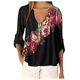 Bluse T-Shirt Frauen Casual Tops Shirt Damen V-Ausschnitt Blumendruck Loses T-Shirt (5XL,1Schwarz)