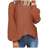 GFGHH Damen Langarm T-Shirts Spitze Hohles Tunika Rundhals Tops Elegant Leichte Bequeme Oberteile Bluse Spitzenarm Laternenärmel Casual Sweatshirt Pulli Shirts Einfarbig Vintage H