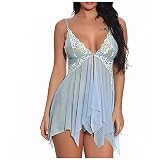 shesuseke Sexy Halb-transparent Damen Spitze Negligee Dessous Kleid V-Ausschnitt Babydoll Lingerie Nachtwäsche Set Nachtkleid mit G-String Reizwäsche Sleepw