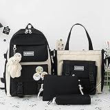 fuzhu 4PCS Kawaii Schulrucksack Combo Set, Canvas Tote Bag Schultasche mit süßem Bärenanhänger Geeignet für Mädchen im Teenageralter, Zurück zu Schulb