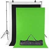 Fotostudio Hintergrund Ständer Set, 2mx1.6m Weiß Schwarz Grün, Greenscreen Mit 3x2m Verstellbar Ständer, 3 Klemmen und Tragetasche, Fotografie für Foto Videoaufnahme, 2×1.6