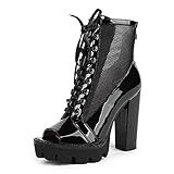 WETKISS Damen Stiefeletten Lace Up Chunky Heel Side Zipper Plateau Booties Lug Sole Combat Blockabsatz Schuhe, (Peeptoe schwarz), 42 EU