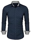JINIDU Herren Slim Fit Business Shirt Langarm Business Casual Button Down Shirt Diamant Gemustertes Shirt, Dunkelblau, XL