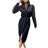 Frauen Sexy V-Ausschnitt Solide Abnehmen Spitze Langarm Schlitz Verband Zurückziehen Gesäß Partykleid Winterkleid Damen Langarm Tiefer V-Ausschnitt Wickelkleid Partykleid Kurz Bodycon Abenk