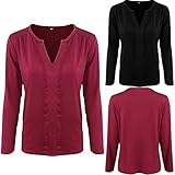 NIUYAN T-Shirt für Damen, langärmelig, Retro-Patchwork-Spitze, V-Ausschnitt, lockere T-Shirts Damen Blusen Hemd V-Ausschnitt Spitze Shirt Tunika Elegant Chiffon Tops Sommer Oberteil Bluse Shirt Top