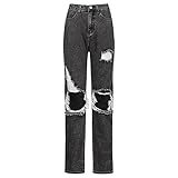 XUEbing Schwarze High-Waist Baggy Jeans für Frauen Ripped Denim Knopf Tasche Solid Color Jeans Hose Loose Pants Gr. S, g