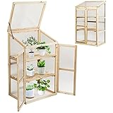 RELAX4LIFE 3-stufiges hölzernes Frühbeet, Schutzregal für Blumentöpfe, Gewächshaus mit Polycarbonat-Platten & Deckel, Hochbeet Transparent, 60 x 45 x 100 cm, Treibhaus für Garten & Balkon & V