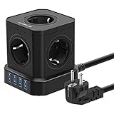 Steckdosenwürfel mit USB, Steckdosenleiste Cube 5-Fach (4000W/16A) mit 4 USB Ladegerät( 15.5W/3.1A), Mehrfachsteckdose mit Schalter & 2M Kabel Überlastschutz für Zuhause BÜRO oder auf R