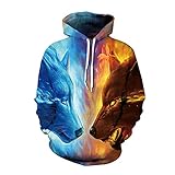 JJLLAZAD Wikinger Hoodie 3D-Wolf-Volldruck Familienkleidungsset Herbst Freizeitkleidung Vater Und Sohn Kleidung Kapuzenpullover,Ice fire Wolf√Adult,3XL