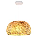 Verdelife Webende Pendelleuchte, Milchig Weißer Glasschirm Rattan Lampenschirm, Retro Bambus Deckenleuchte Für Home Restaurants Wohnzimmer D