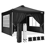 Cobizi Pavillon 3x3m Wasserdicht Flatpavillon Gartenpavillon Partyzelt Gartenzelt Festzelt mit Entlüftung, 4 Seitenteilen und 4 Sandsack und Handtasche,3x3M,Schw