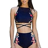 KaloryWee Retro Aufgeteilter Badeanzug Damen Angeschnittenem Neckholder Bra Push up Blumendruck Badeshorts Vertraulichkeit Beachw