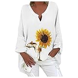 Dasongff Damen Bluse Tops Sonnenblume Drucken V-Ausschnitt Casual Lose Blusentop Sommer Tops Oversized Lässig Tunika Tunikabluse Casual Basic T-Shirt Hemden Tee Loose Locker Lang