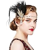 BABEYOND 1920s Stirnband mit Feder Strass Blatt Muster Damen 20er Jahre Stil Flapper Charleston Haarband Great Gatsby Damen Fasching Kostüm Accessoires (Pfau Schwarz)